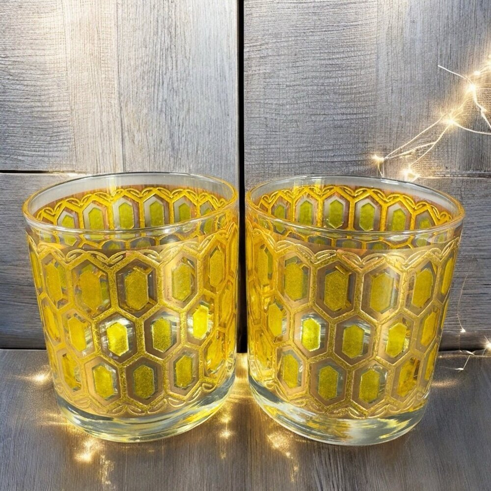 West Virginia Glass Madrid Gold Embossed Hexagon Old Fashioned Glasses Cup Set 2